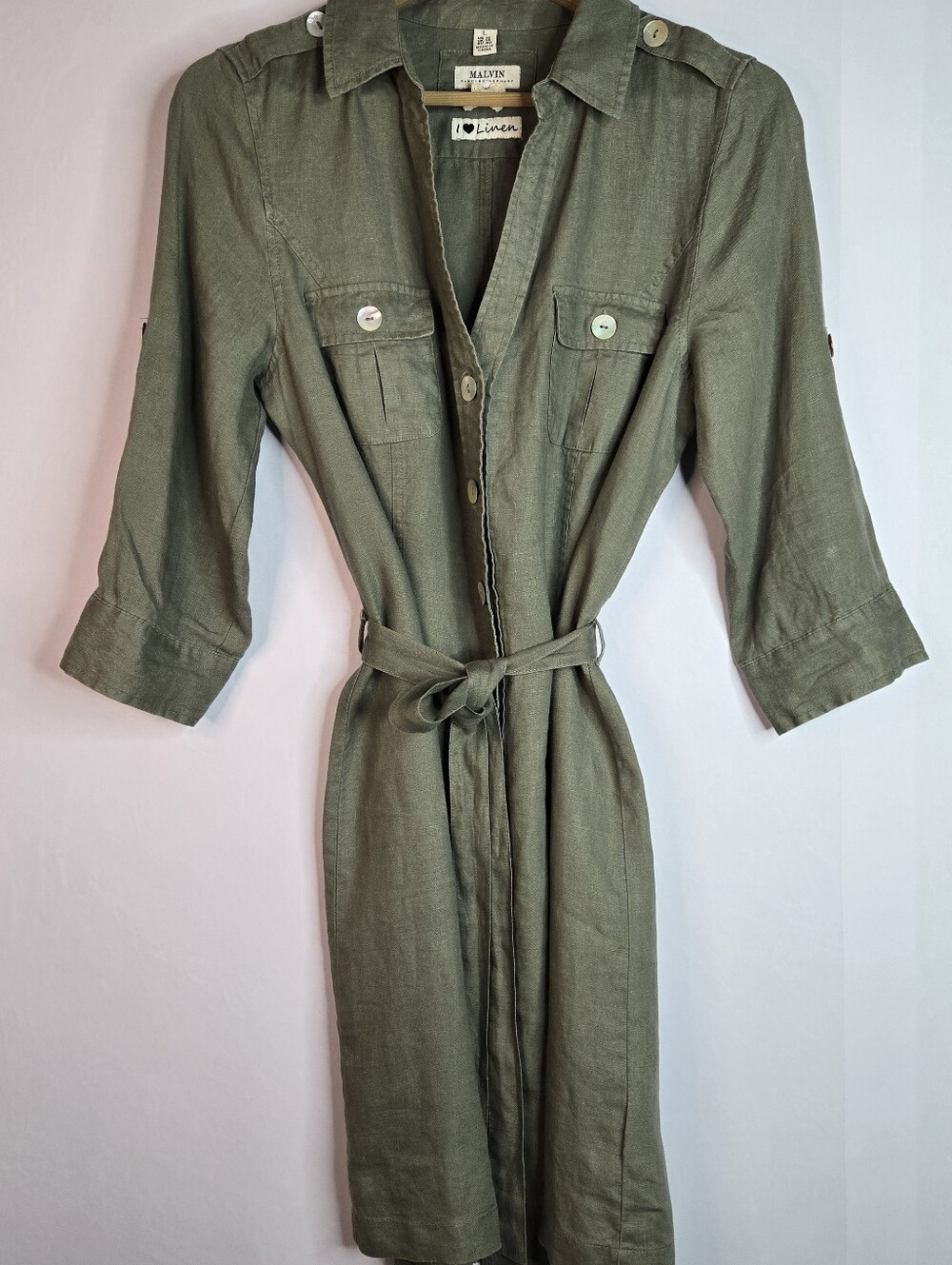 MALVIN (Germany) Women US Size 10 100% Linen Khacki Military Look Midi Dress